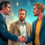 A stylized illustration depicting Joseph Lubin (left) shaking hands with Nicolas Liochon while Declan Fox looks on in a neutral expression amidst an abstract background representing blockchain technology and Ethereum nodes. The atmosphere is one of cautious optimism, conveying the complexities and challenges involved in true decentralization.