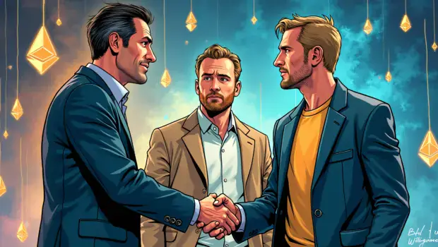 A stylized illustration depicting Joseph Lubin (left) shaking hands with Nicolas Liochon while Declan Fox looks on in a neutral expression amidst an abstract background representing blockchain technology and Ethereum nodes. The atmosphere is one of cautious optimism, conveying the complexities and challenges involved in true decentralization.